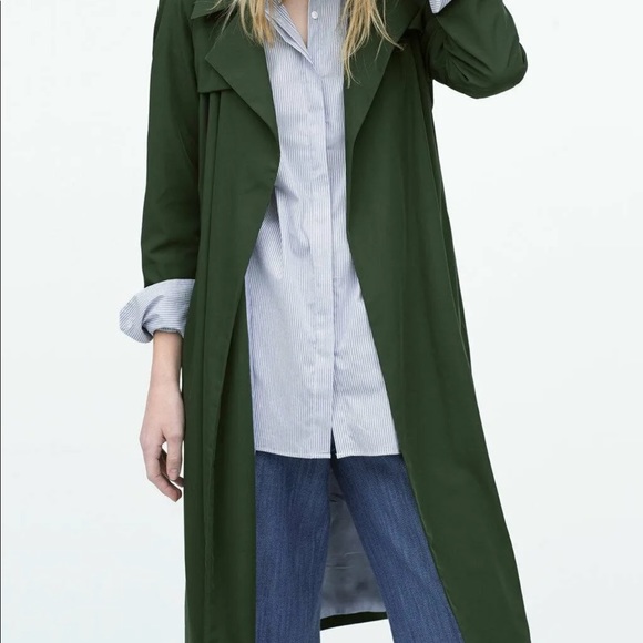 ZARA Basic Silky Flowing Trench Coat~Dark Green ~ Blue Stripped Lining - Size XS - Picture 2 of 12